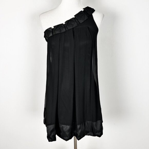 Y2K Bebe One Shoulder Silk Mini Dress Flowy Whimsical Dark Size 2 Women's - Picture 1 of 5
